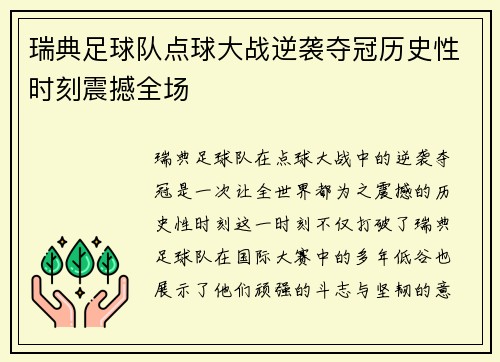 瑞典足球队点球大战逆袭夺冠历史性时刻震撼全场